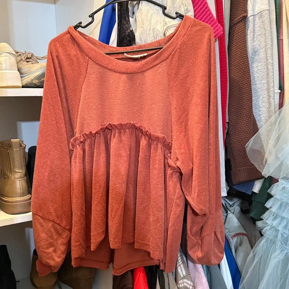Rust Ruffle Sweatshirt - Picture 1 of 6